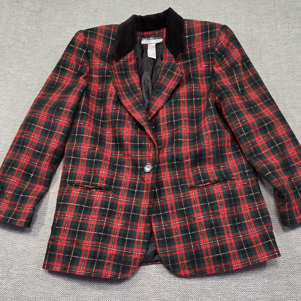 Radcliffe by Sag Harbor Plaid Wool Blend Blazer Red Green Gold Velvet Trim 14